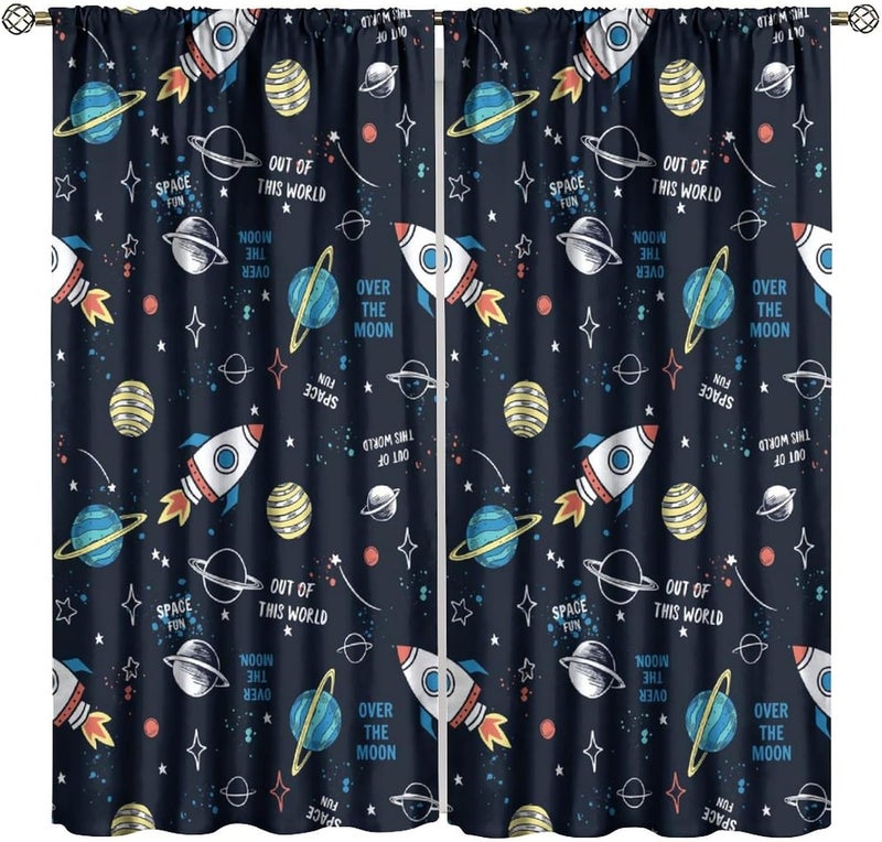 LOMADIA Space Kids Curtain,Cartoon Child Spaceman Planet Theme Blackout Curtain, Solar System Astronaut Window Treatments Drapes for Nursery Boys Girls Room Bedroom Decor 42" W x 63" L - Image 2